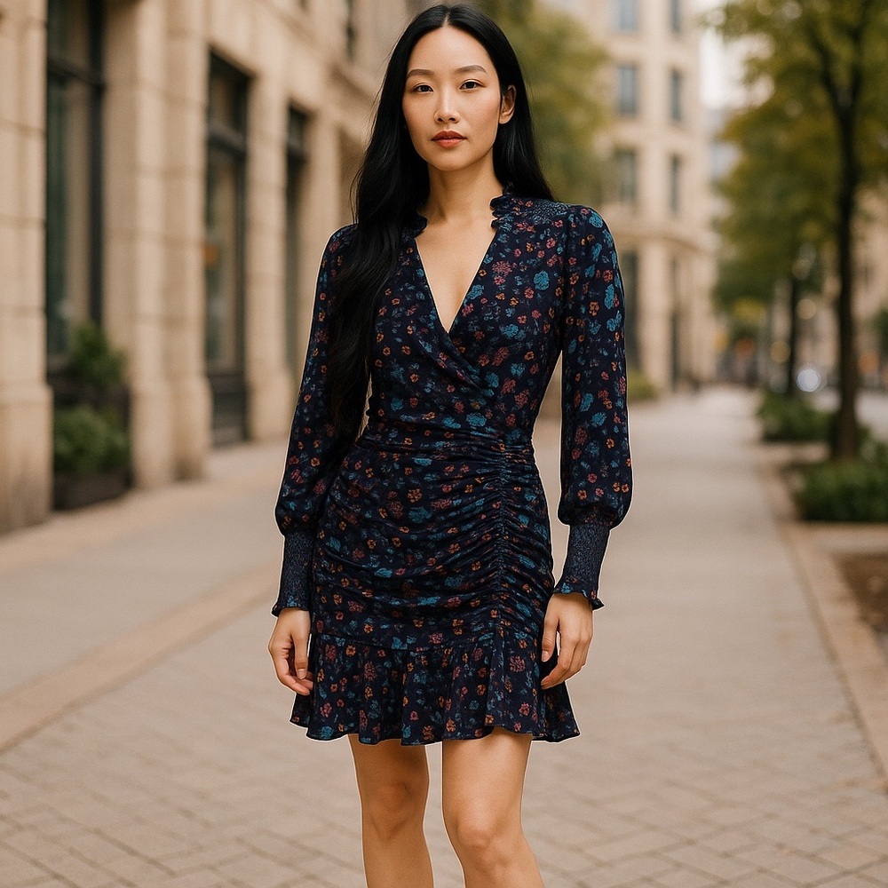 🌸 Hale Bob Ruched Floral Mini Dress SMALL – Smocked Sleeves & Tiered Skirt